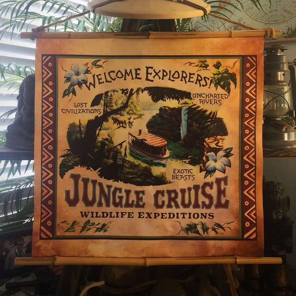Limited Disneyland Adventureland Jungle Cruise Sign Banner Wall Hanging 20x20 Canvas