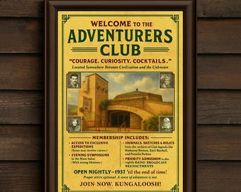 Adventurers Club Vertical Poster, Adventure Decor, Travel Wall Art, Vintage Travel Poster, Gift for Travelers