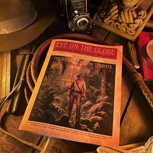 May include: An open magazine titled "EYE ON THE GLOBE" with a vintage illustration of a man in a jungle setting. A vintage camera, a fedora hat, a whip, and other props are arranged around the magazine, evoking an adventurous theme.