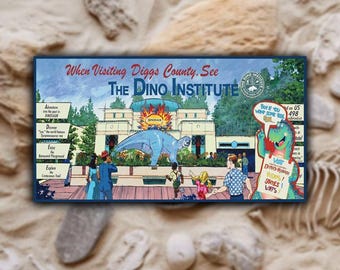 The Dino Institute Retro Travel Poster Canvas | Animal Kingdom Art Matte Stretched 1.25"