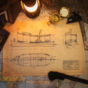 May include: A vintage blueprint for a boat named "Congo Queen" with a detailed drawing of the boat's side view and top view. The blueprint includes the boat's dimensions and the text "JUNGLE NAVIGATION CO., LTD.  RIVER JUNGLE RIVER BOAT  CONGO QUEEN"
