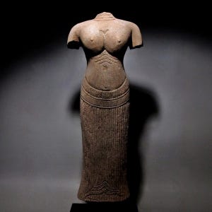 Ancient Khmer Sandstone Female Torso, Baphuon Style, Angkor Art Antique Sculpture Stone Relic Hand-Carved