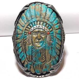 RARE Hand-Carved Chief Turquoise Sterling Silver Men’s Cuff Bracelet | 265g Solid Vintage Style