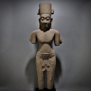 Ancient Khmer Sandstone Torso of Hari-Hara – Phnom Kulen Style, Pre-Angkor Art Male Deity Figure Antique Sculpture Stone Hand-Carved