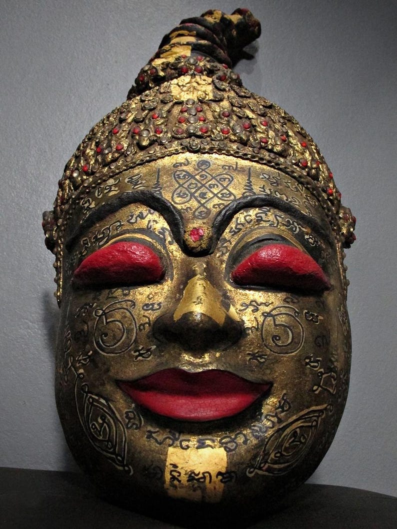 Occult Ritual Mask Rare Thai Occult Ngang Spirit Mask, Red Eyes, Yant Inscription, Khmer ...