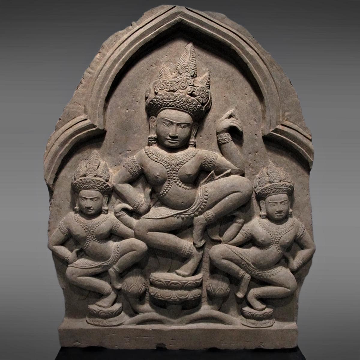 Ancient Khmer Sculpture Sandstone — 3 Dancing Apsaras Relief