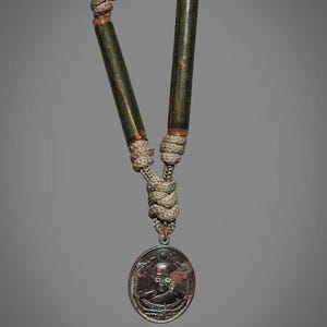Coin &#39;Double Dragon&#39; with Takrut Talisman, LP Supat Wat Pa Pracha Nimit, Thai Vintage Amulet Buddhist Pendant Necklace