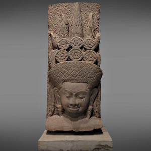 Ancient Khmer Sandstone Apsara Relief – Amazing Crowned Celestial, Angkor Wat Style Art Antique Sculpture Stone Hand-Carved