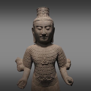 Ancient Khmer Sculpture Sandstone, Avalokitesvara Figure, Bayon Style 16/17th Century, Antique Stone Statue Hand-carved