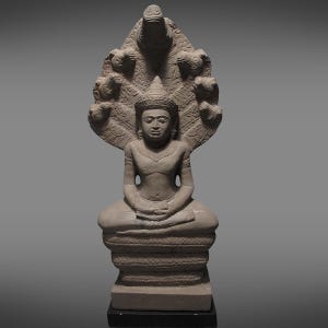 Ancient Khmer Sculpture Sandstone Naga Protected Buddha Figure Angkor Wat Style Antique Relic Stone Artifact
