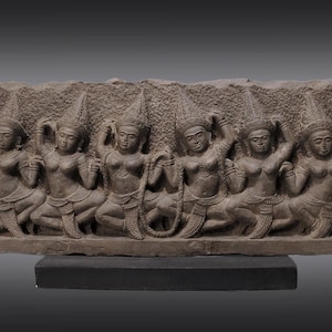 Ancient Khmer Sandstone Relief – Apsaras in Procession, Angkor Wat Style Antique Sculpture Stone Hand-Carved