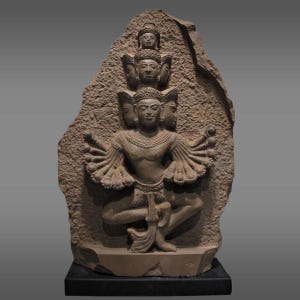 Ancient Khmer Sculpture Sandstone, Shiva Multi-Heads & Arms Relic Stone Slab Wall Antique Fragment, Angkor Wat Style