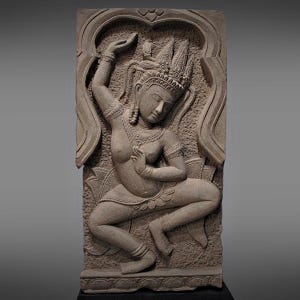 Ancient Khmer Sandstone Dancing Apsara Relief, 16/17th Century, Angkor Wat Style Art Antique Sculpture Stone Hand-Carved