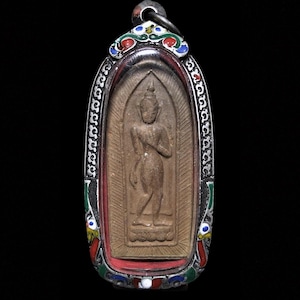 Phra Leela with Side Lines and Yant Na on Back 1947, LP Somwang Wat Rai Rot, Thai Vintage Buddha Amulet Buddhist Pendant