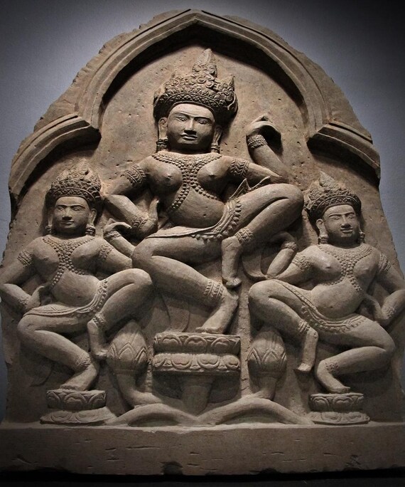 Ancient Khmer Sculpture Sandstone — 3 Dancing Apsaras Relief 