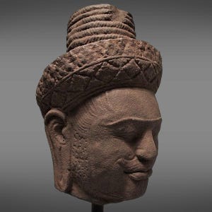 Ancient Khmer Sandstone Head of Shiva – Bakheng Style, Pre-Angkorian Sculpture Art Antique Stone Hand-Carved
