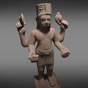 Ancient Khmer Sandstone Hari Hara Vishnu Figure Phnom Da Style, Antique Sculpture Relic Stone Hand-Carved