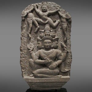 Ancient Khmer Sandstone Stele Multi-Headed Deity Celestial Combat Scene Angkor Wat Style Antique Sculpture Stone Hand-Carved