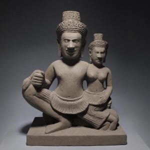 Ancient Khmer Sculpture Sandstone, Statue of Shiva Parvati Figure, Antique Stone Carving Artifact 17/18th Century