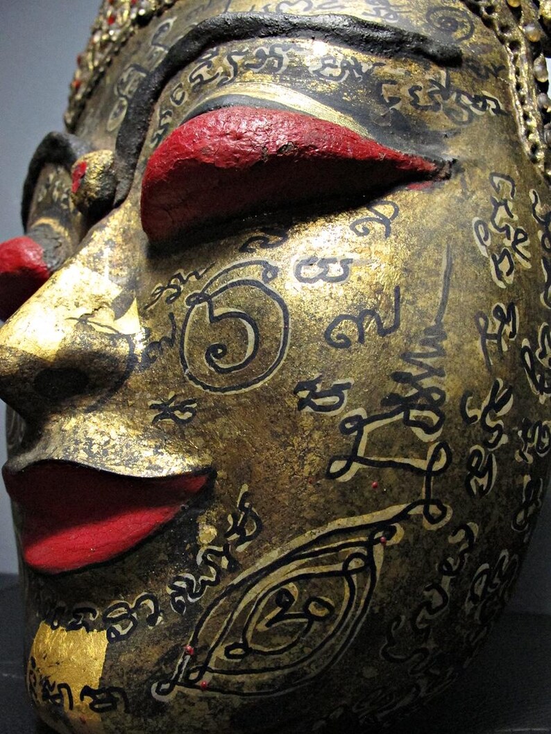 Occult Ritual Mask Rare Thai Occult Ngang Spirit Mask, Red Eyes, Yant Inscription, Khmer ...