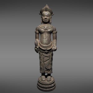 Khmer Bronze Prajnaparamita Statue – Standing Bayon Style Goddess, Pre-1800 Art Antique