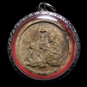 Buddhist Priest Teaching Disciple Amulet – King Rama V image – Thai Talisman Year 1977 – Sacred Monk Blessing, Vintage Pendant