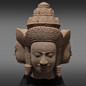 Ancient Khmer Sandstone Sculpture – Four Faces of Brahma, Angkor Wat Style Antique Stone Figure Hand-Carved