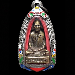 Bronze Statue Cast Phra LP Mek Amulet, Wat Lam Kradan Temple, B.E.2521 (1978) Thai Vintage Buddhist Amulet Pendant