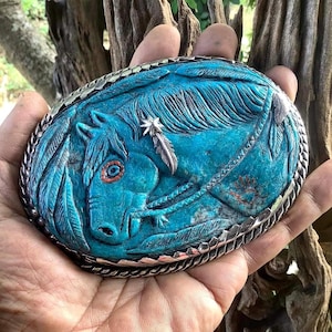 RARE Hand-Carved American Vintage Horse Design Sterling Silver Turquoise & Coral Belt Buckle – 1.5&quot; Fit