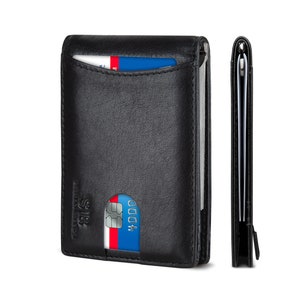 Billeteras de bolsillo frontal minimalista delgadas de cuero genuino con bloqueo RFID para hombres Clip de dinero hecho de cuero de grano completo - Negro azabache