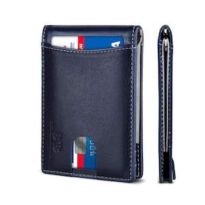 Carteras de bolsillo frontal minimalistas delgadas de cuero genuino plegables con bloqueo RFID para hombres Clip para billetes hecho de cuero de plena flor Azul Atlántico