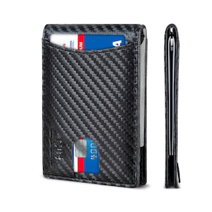 Billeteras de bolsillo frontal minimalistas delgadas de cuero genuino con bloqueo RFID para hombres Clip de dinero hecho de cuero de grano completo - Fibra de carbono