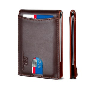 Carteras de bolsillo frontal minimalistas delgadas de cuero genuino plegables con bloqueo RFID para hombres Clip para billetes hecho de cuero de plena flor -Naranja/Marrón