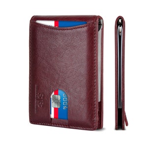 Carteras de bolsillo frontal minimalistas delgadas de cuero genuino plegables con bloqueo RFID para hombres Clip para billetes hecho de cuero de plena flor - Caoba