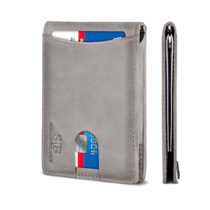 Carteras con bolsillo frontal minimalista y delgada de cuero genuino plegable con bloqueo RFID para hombres Clip para billetes hecho de cuero de plena flor - Gris pizarra