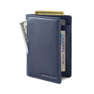 Cartera de Viaje con Bloqueo RFID, Billetera Plegable de Cuero Genuino Delgada y Minimalista con Bolsillo Frontal para Hombres, Azul Lujo 5.0