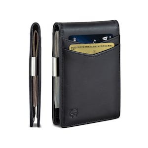 Billetera con clip para billetes - Billeteras para hombre, bolsillo frontal delgado, tarjetero con bloqueo RFID, minimalista, mini, plegable, de grano completo - Negro carbón