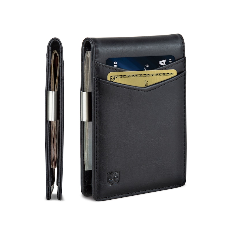 May include: A black leather wallet with a money clip and a card slot. The wallet is closed and has a silver money clip.