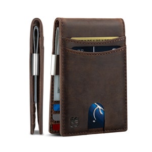 SERMAN BRANDS Billetera con clip para dinero para hombre, billetera delgada con bloqueo RFID y bolsillo frontal para hombre, tarjetero minimalista RFID de cuero de grano completo - Texas