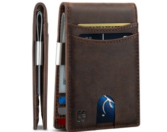 May include: A brown leather wallet with a money clip and a card slot. The wallet has a distressed look and a silver money clip.