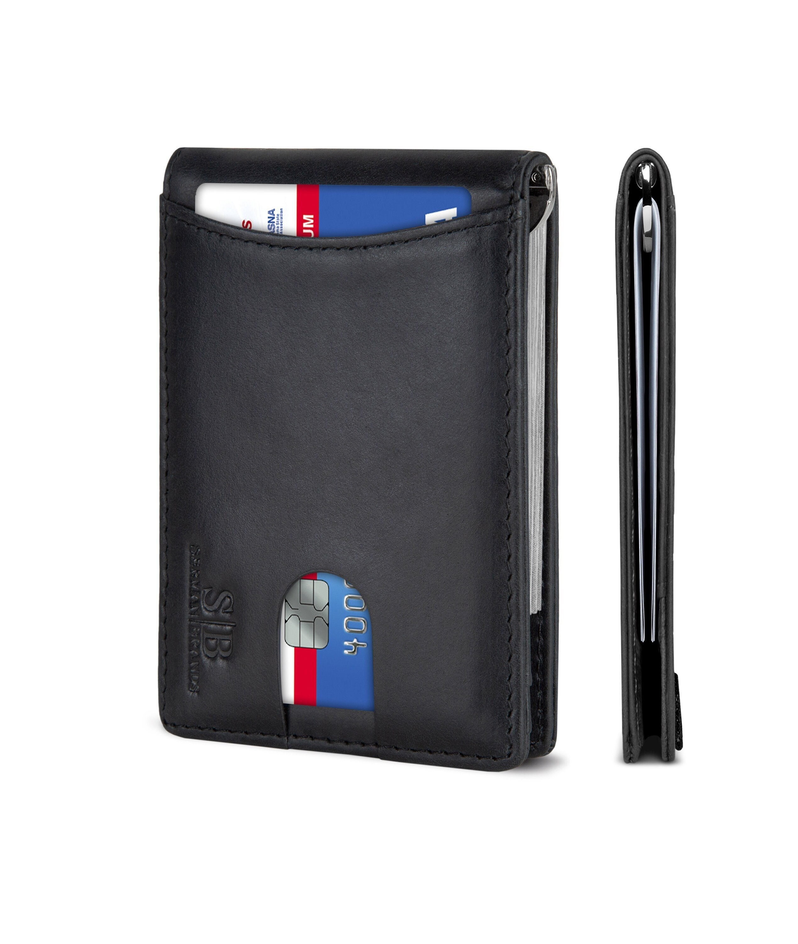 Cartera plegable de cuero genuino con bloqueo RFID delgada