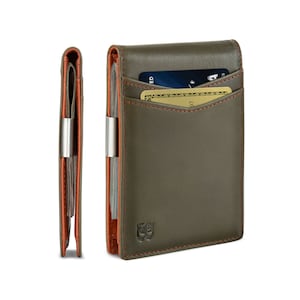 Billetera con clip para billetes - Billeteras para hombre, bolsillo frontal delgado, tarjetero con bloqueo RFID, minimalista, minibilletera plegable de grano completo - Verde salado