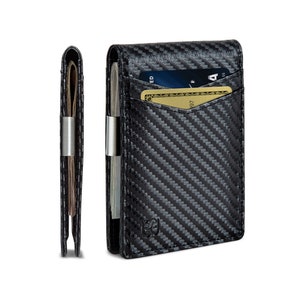 Billetera con clip para billetes: billeteras para hombre, billetera delgada con bolsillo frontal, tarjetero con bloqueo RFID, billetera minimalista pequeña plegable de grano completo, color negro moderno