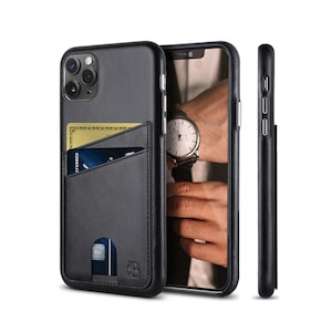 SERMAN BRANDS Phone Wallet iPhone 11 Pro Funda con tarjetero. Estuche para teléfono hecho a mano con carga inalámbrica de cuero de grano completo - Negro medianoche