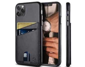 SERMAN BRANDS Phone Wallet iPhone 11 Pro Case with Card Holder. Handmade Phone Case Full Grain Leather Wireless Charging - Midnight Black