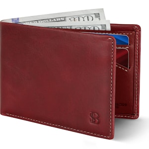Billetera delgada plegable para hombre, billetera minimalista de cuero de grano completo con bolsillo frontal y bloqueo RFID, delgada y elegante, color rojo rubí