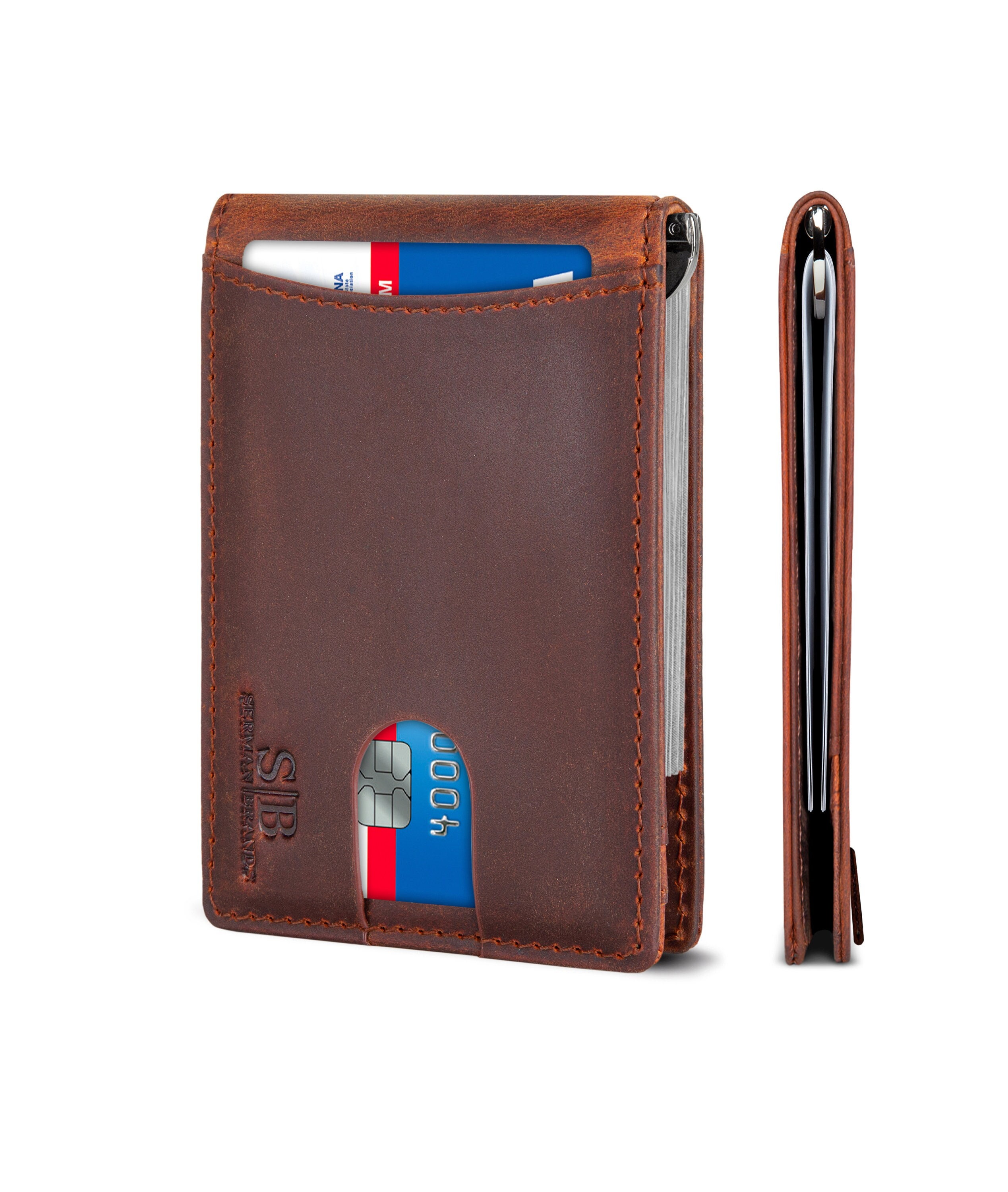 Mens Real Leather Bifold minimalist SD Card Slot Case Front Pocket Slim Wallet 