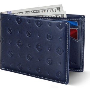 Billetera delgada plegable para hombre con bloqueo RFID, billetera minimalista de cuero de grano completo con bolsillo frontal, delgada y elegante, azul atlántico