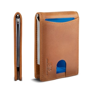 SERMAN BRANDS - Cartera minimalista de cuero genuino con bloqueo RFID, plegable y delgada, con bolsillo frontal y clip para billetes para hombre (California Desert 1.S)