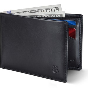 Billetera delgada plegable para hombre, billetera minimalista de cuero de grano completo con bolsillo frontal y bloqueo RFID, delgada y elegante, color negro azabache